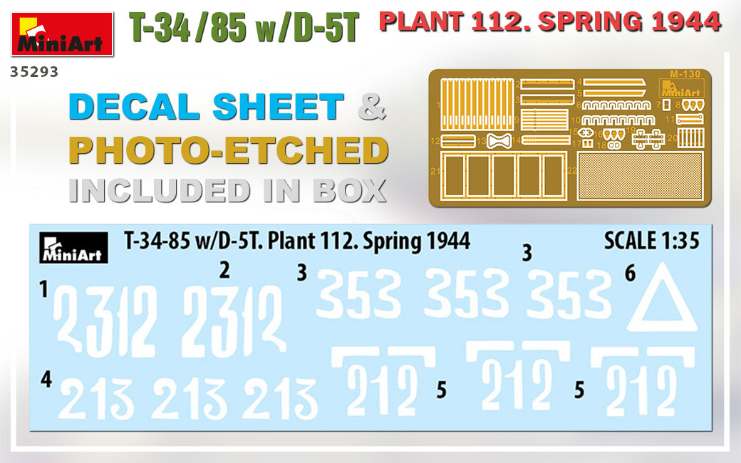 Miniart 1/35th scale T-34/85 w/D-5T Plant 112 1944